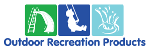Rep logo says Outdoor Recreation products and features a slide on green background, child swinging on blue background and water splashing on light blue.