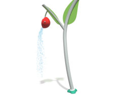 Water sprayer with 2 leaves on top and a cherry water dump bucket