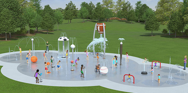 cloud shaped water play area complete with sports themed water sprayer, football dump buckets, and ball shaped water elements.