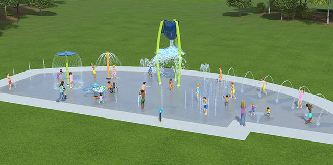 3D rendering of half moon shaped splash pad with tone of arched ground water sprayers and blue dumping bucket