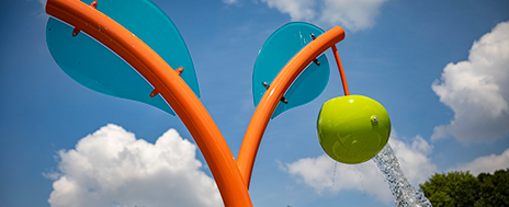 Looking up at a sprout-motif CanopyBucket with Acrylic overhead splash pad feature