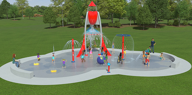 3D rendering of Burke Crenshaw splash park in Pasadena, Texas featuring a large rocket ship themed central element that is dumping water on visitors below.