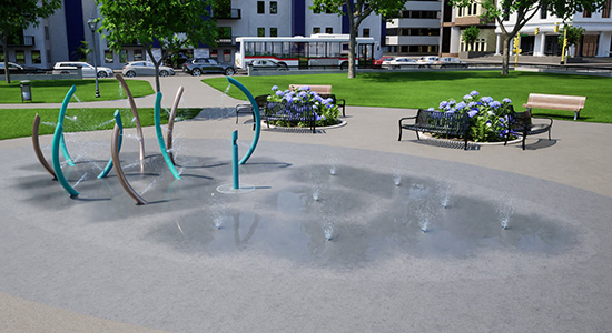 Spray park with arches and ground spray