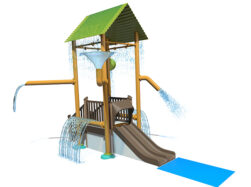 Interactive splash pad feature with slide and dumping bucket