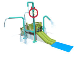 Multi-leveled splash pad feature with climbing and sliding activities