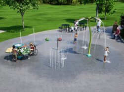 Rendering of children playing on AquaSmart Package C splash pad with adults watching