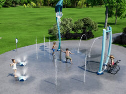 Rendering of children playing on AquaSmart Package E splash pad