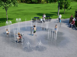 Rendering of children playing on AquaSmart Package F preconfigured splash pad