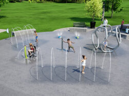 Rendering of children playing on AquaSmart Package H preconfigured splash pad