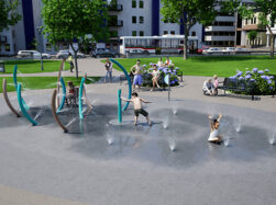 Render of children playing on AquaSmart Package J preconfigured splash pad