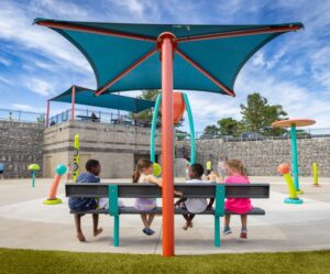 TenderTuff bench and shade at Henslee splash pad