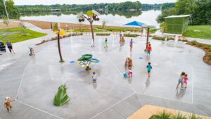 Overhead panoramic view of Orono Park splash pad in Minnesota