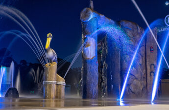Palmetto Park splash pad wide angle shot at night showing blue LED ground sprays