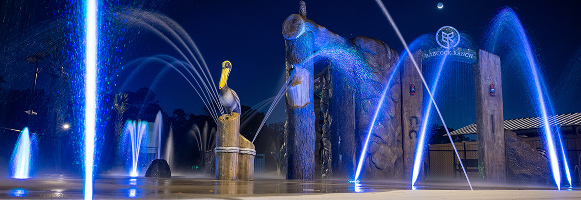 Palmetto Park splash pad wide angle shot at night showing blue LED ground sprays