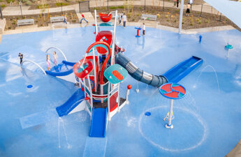 Wide angle aerial shot of splash pad at Radiance at Superstition Vistas