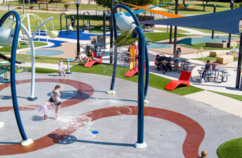 Wide shot of Freedom Trail splash pad in Yukom, Ok