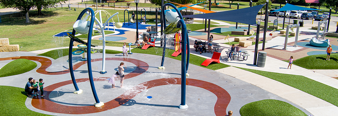Wide shot of Freedom Trail splash pad in Yukom, Ok
