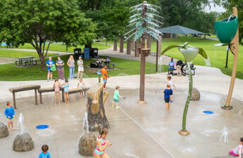 Wide shot of Victory Park Splash Pad in Minneapolis