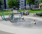Wide shot render of AquaSmart Package J with kids playing
