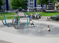 Wide shot render of AquaSmart Package J with kids playing