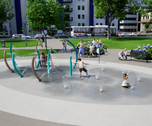 Wide shot render of AquaSmart Package J with kids playing