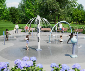 Rendering of children playing on Aquasmart splash pad K