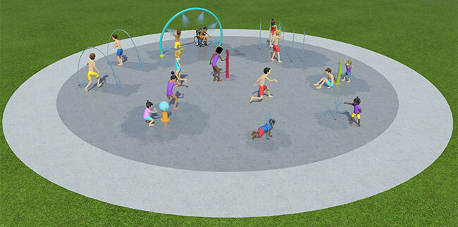 3D rendering showing Byhalia Walking Trail splash pad with children playing