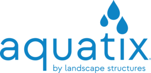Aquatix logo with name "aquatix" and three blue water droplets over the "ti"