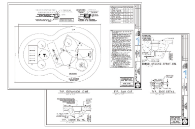 A group of 2D schematic drawings of a splash pad design